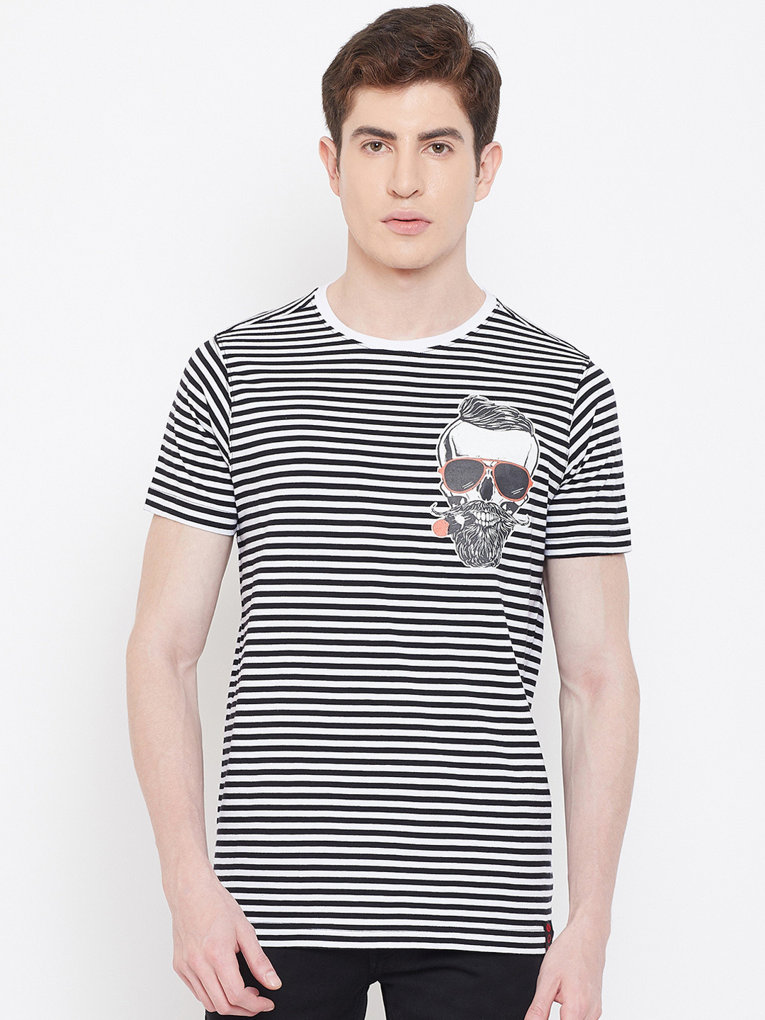 PUNK Men White & Black Striped Round Neck T-shirt