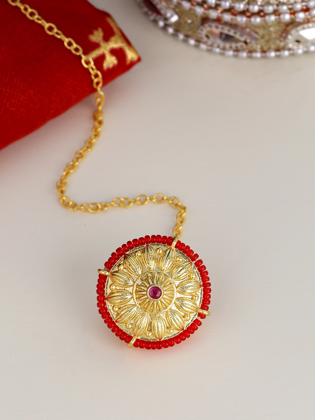 Voylla Red Gold-Plated Artificial Stone Studded Handcrafted Maangtika