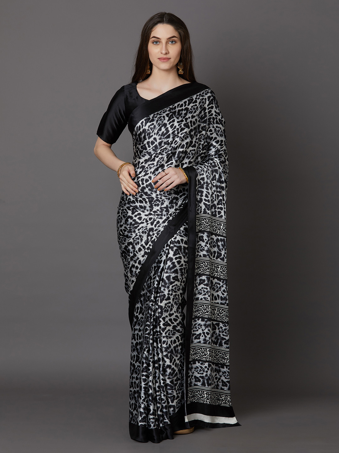 Mitera Black Printed Poly Crepe Saree
