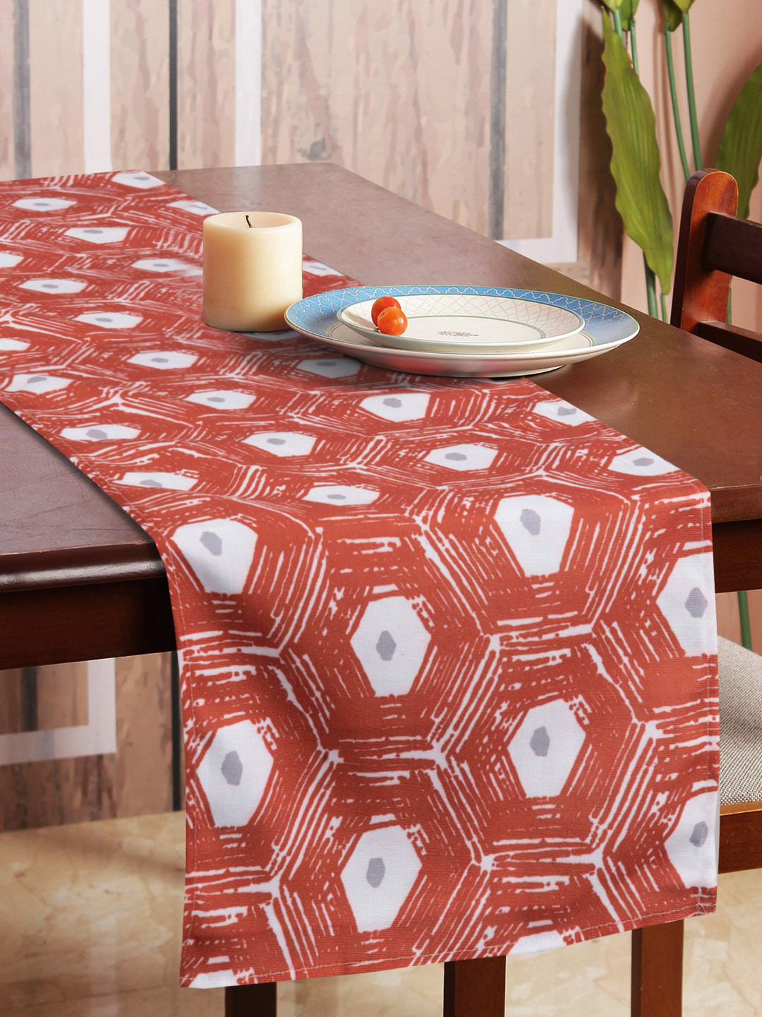 HOUZZCODE Orange & White Printed Rectangular Table Runner