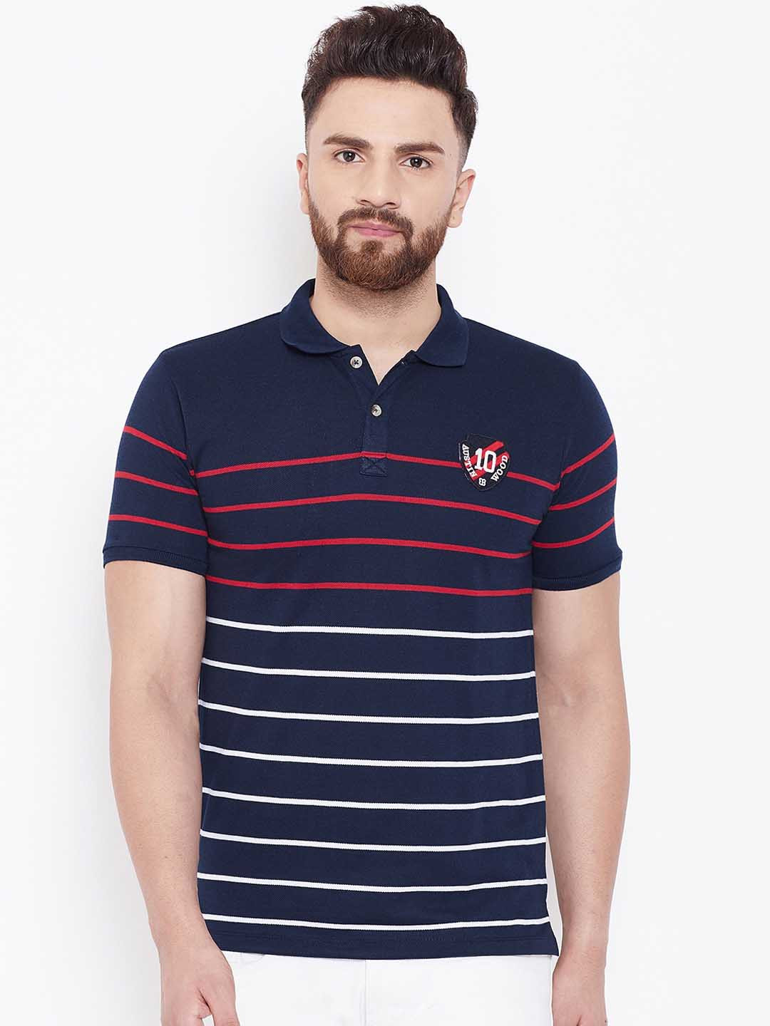 Austin wood Men Navy Blue Striped Polo Collar T-shirt
