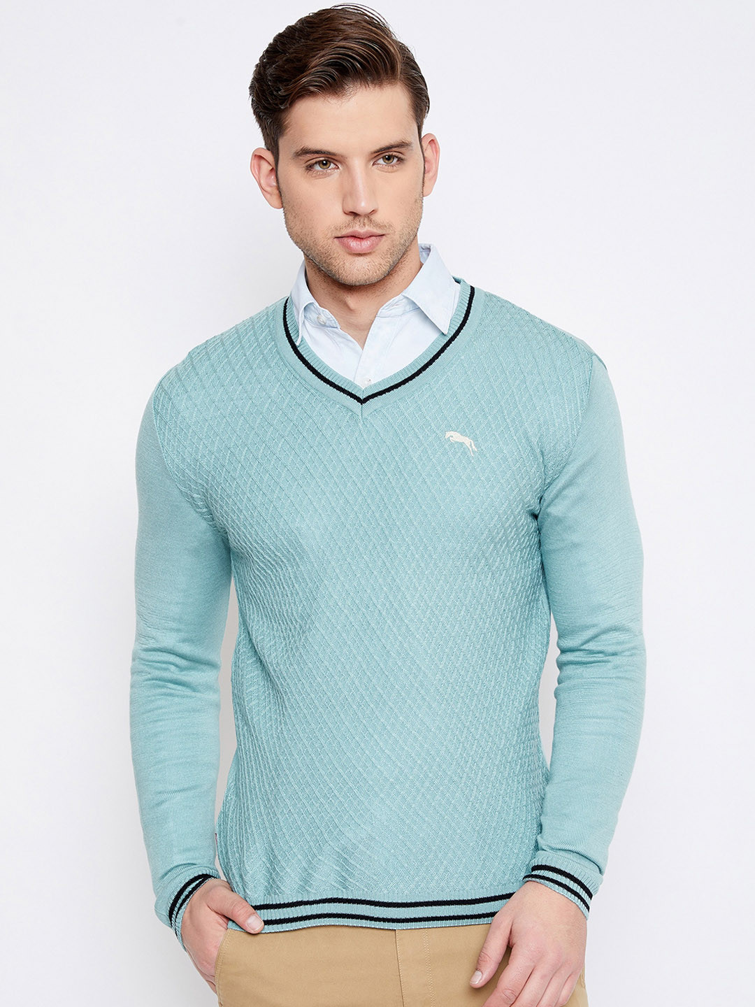 JUMP USA Men Blue Self Design Pullover Sweater