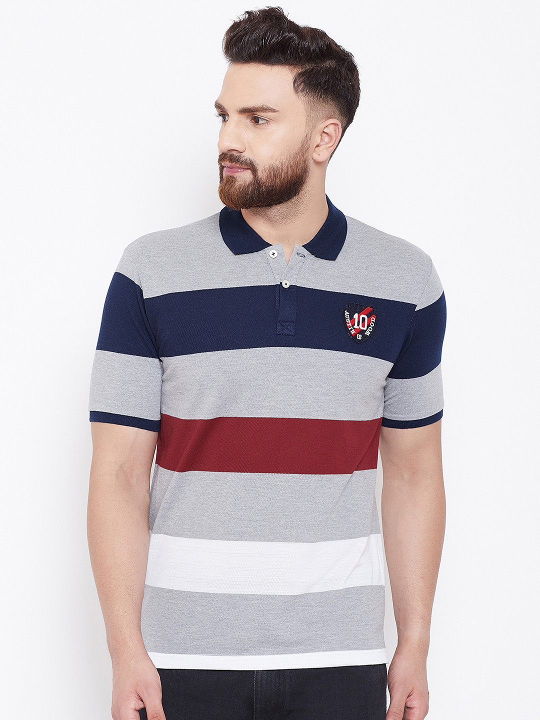 Austin wood Men Grey Striped Polo Collar T-shirt