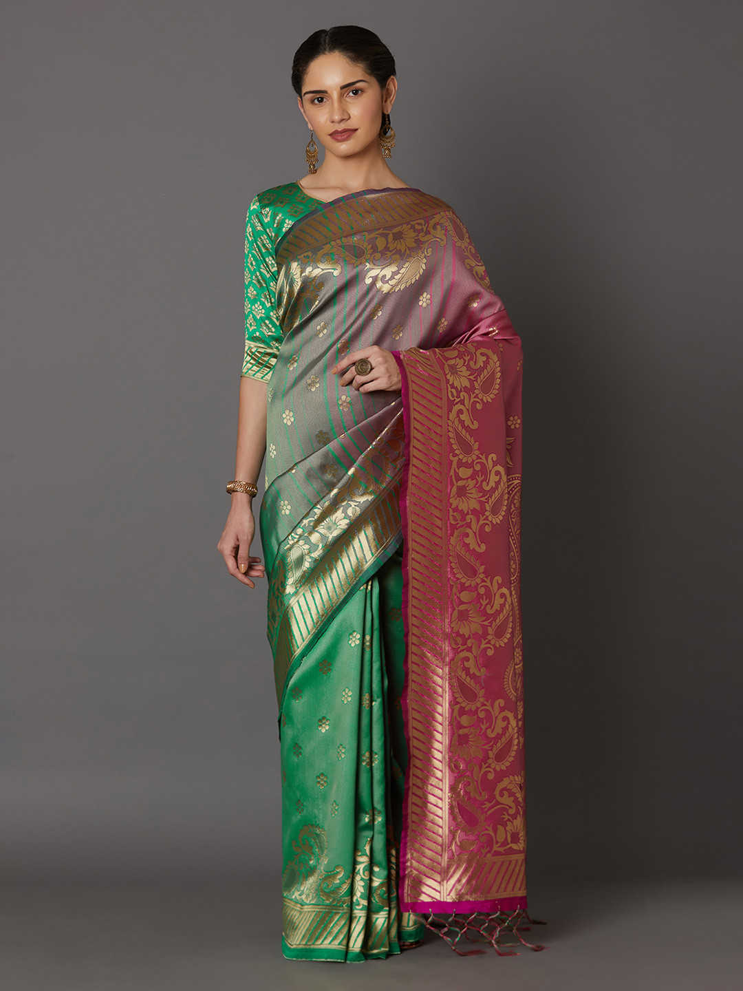Mitera Green & Pink Silk Blend Woven Design Kanjeevaram Saree