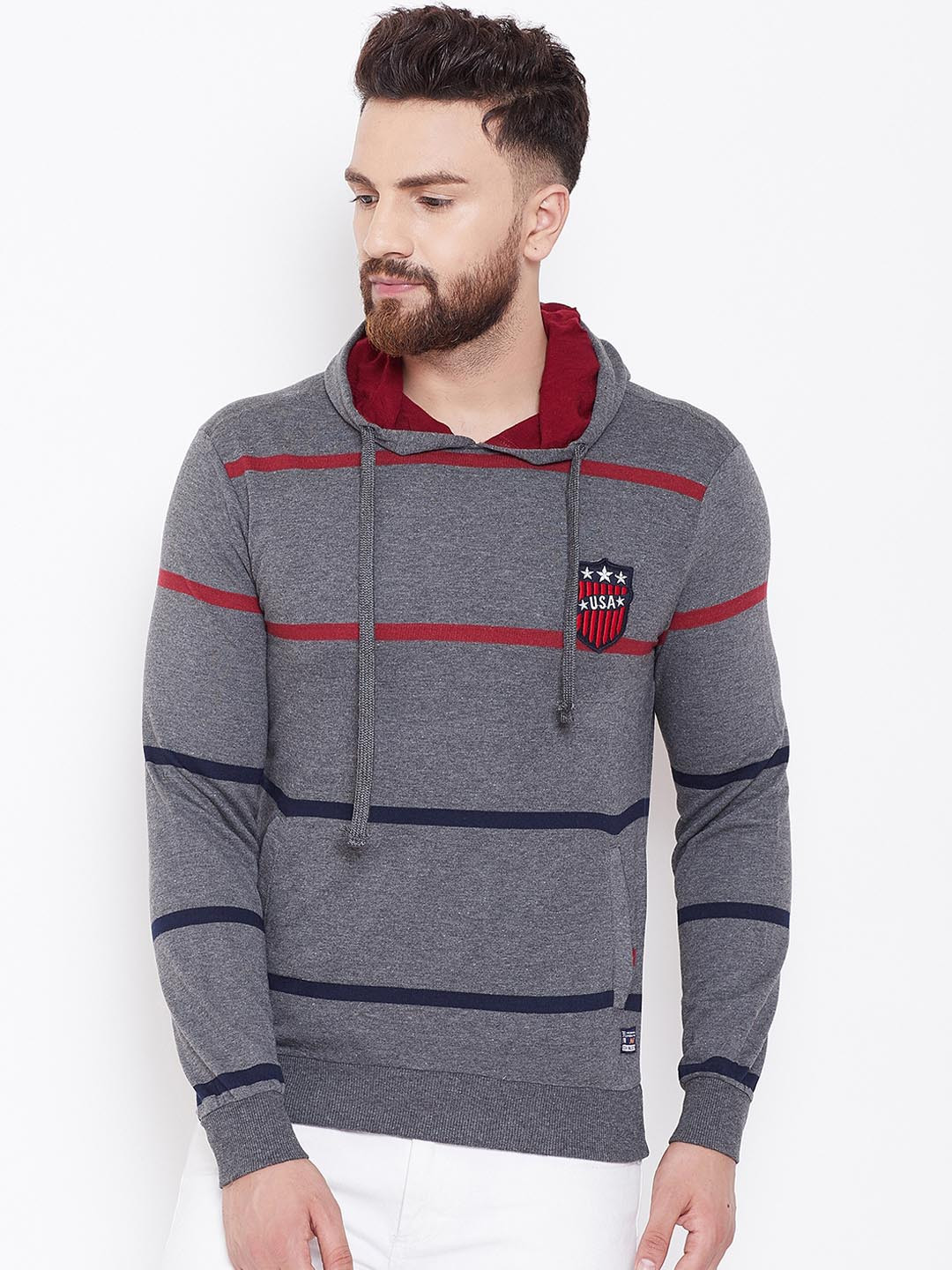 Austin wood Men Charcoal & Red Striped Hooded Sweatshirt