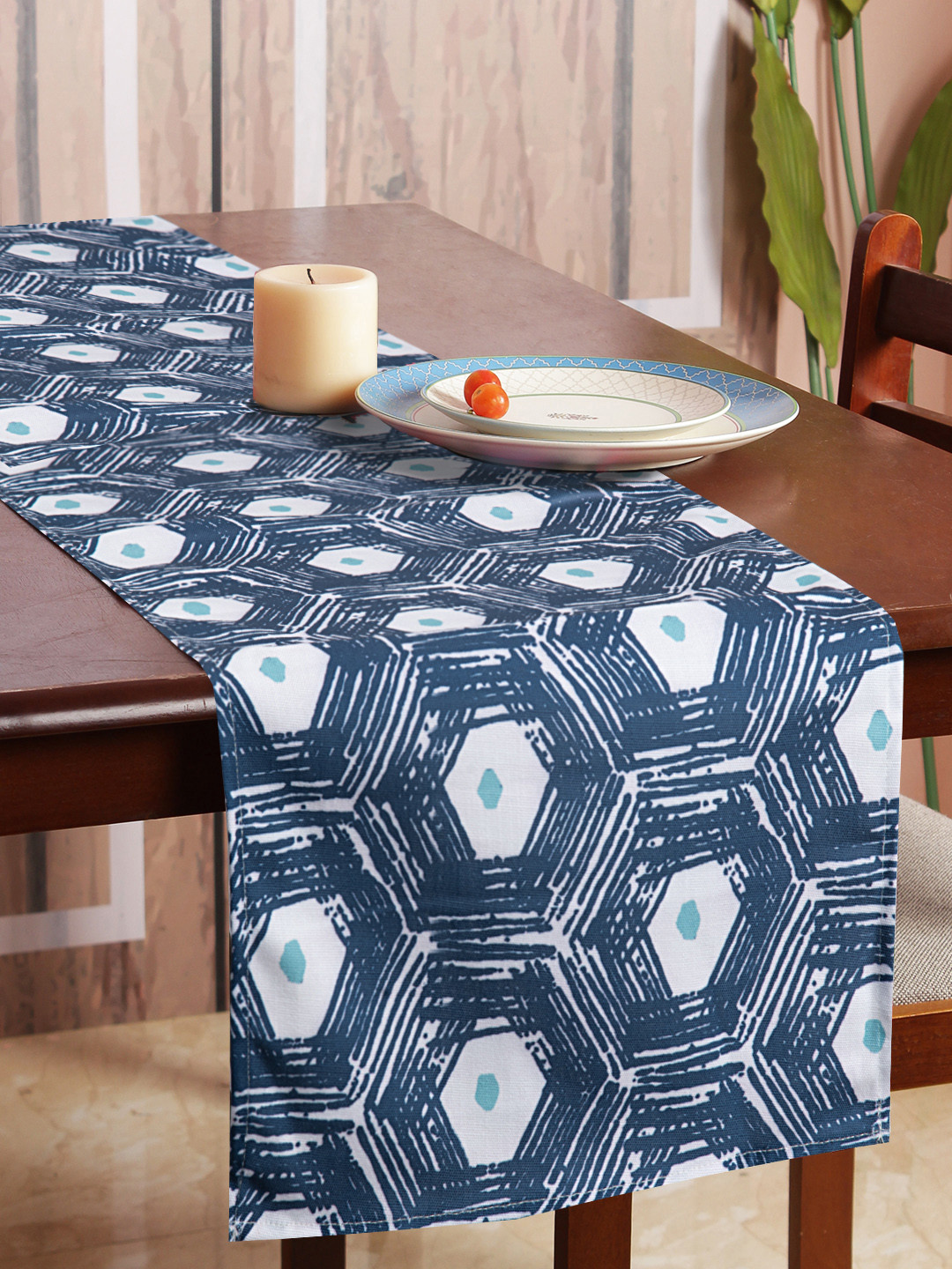 HOUZZCODE Blue & White Printed Rectangular Table Runner