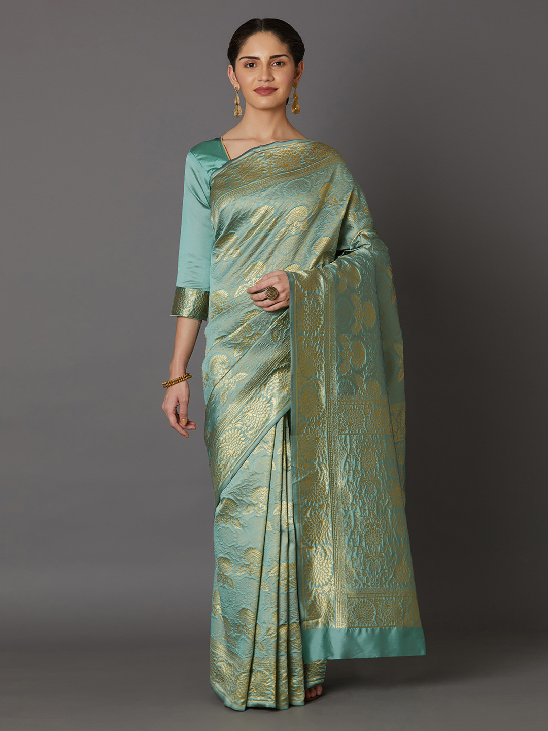 Mitera Sea Green & Gold-Toned Silk Blend Woven Design Kanjeevaram Saree