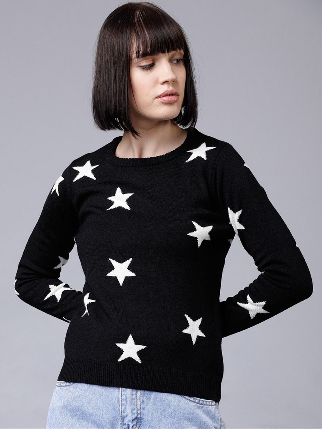 Tokyo Talkies Women Black & White Self Design Sweater