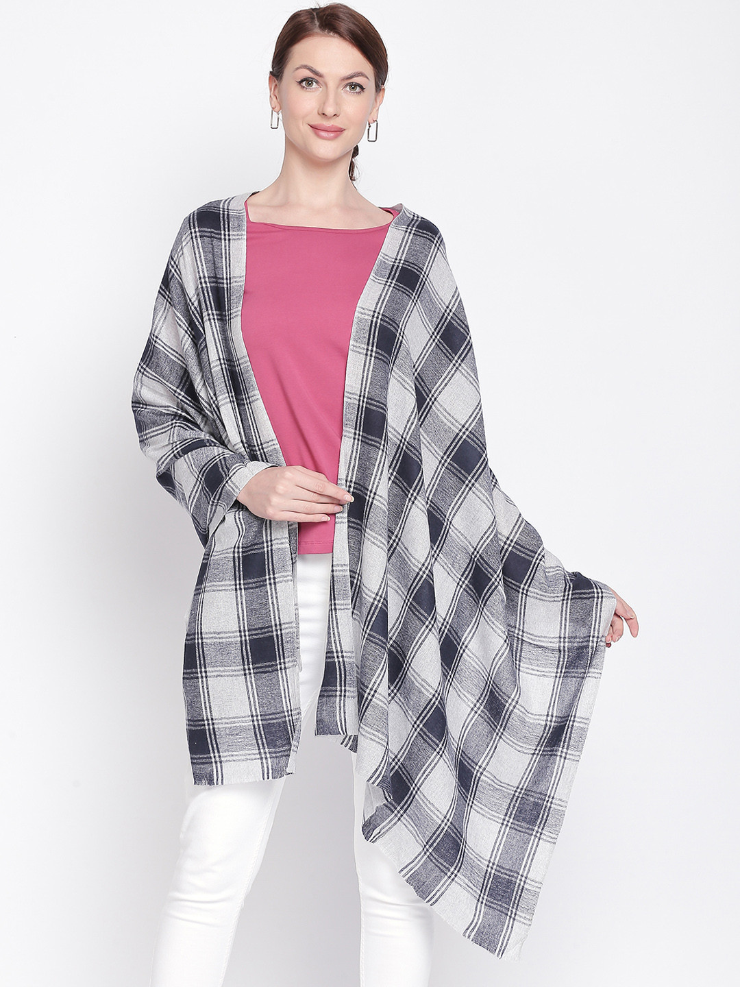 Style Quotient Women Grey & Navy Blue Checked Acrylic Shawl