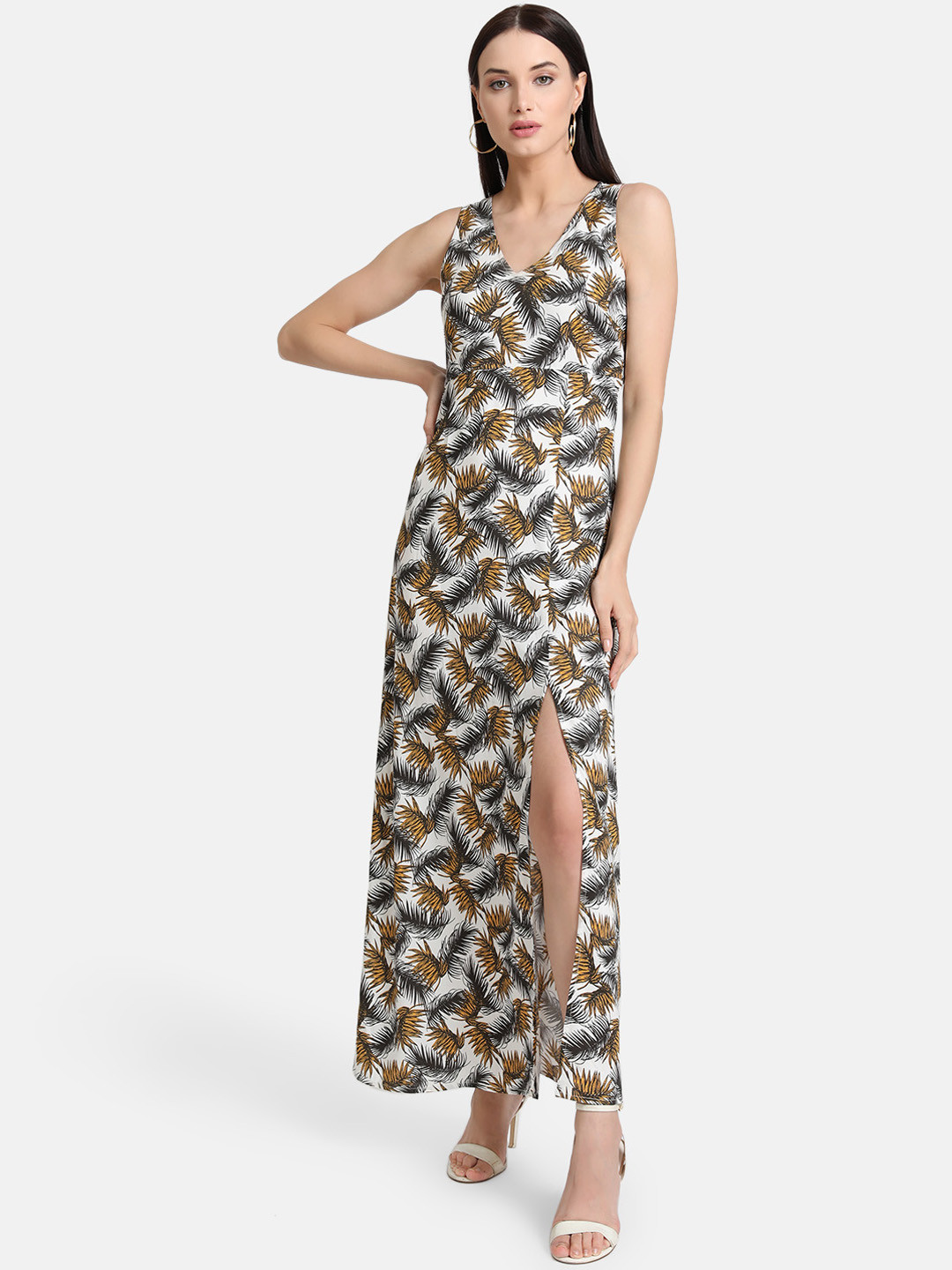 Kazo Women Off-White and Mustard Yellow Tropical Printed Maxi Dress