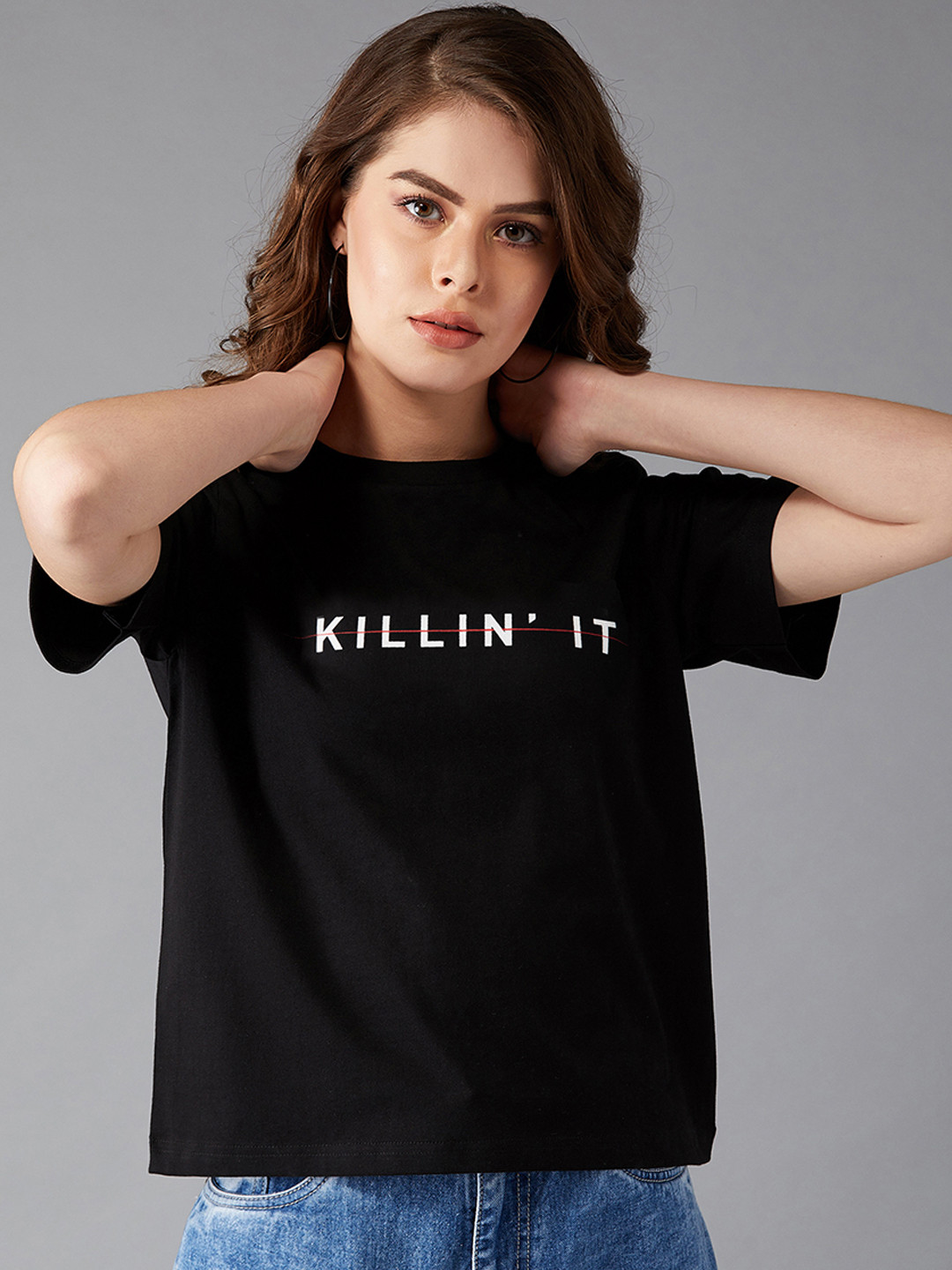 DOLCE CRUDO Women Black Printed Round Neck Pure Cotton T-shirt