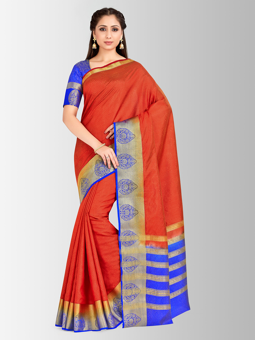 MIMOSA Red & Blue Art Silk Embellished Kanjeevaram Saree