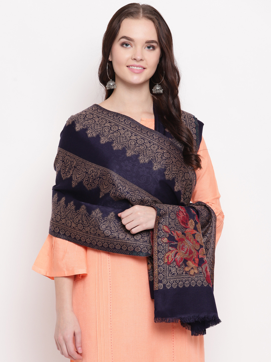 HK colours of fashion Women Navy Blue & Red Woven Design Shawl