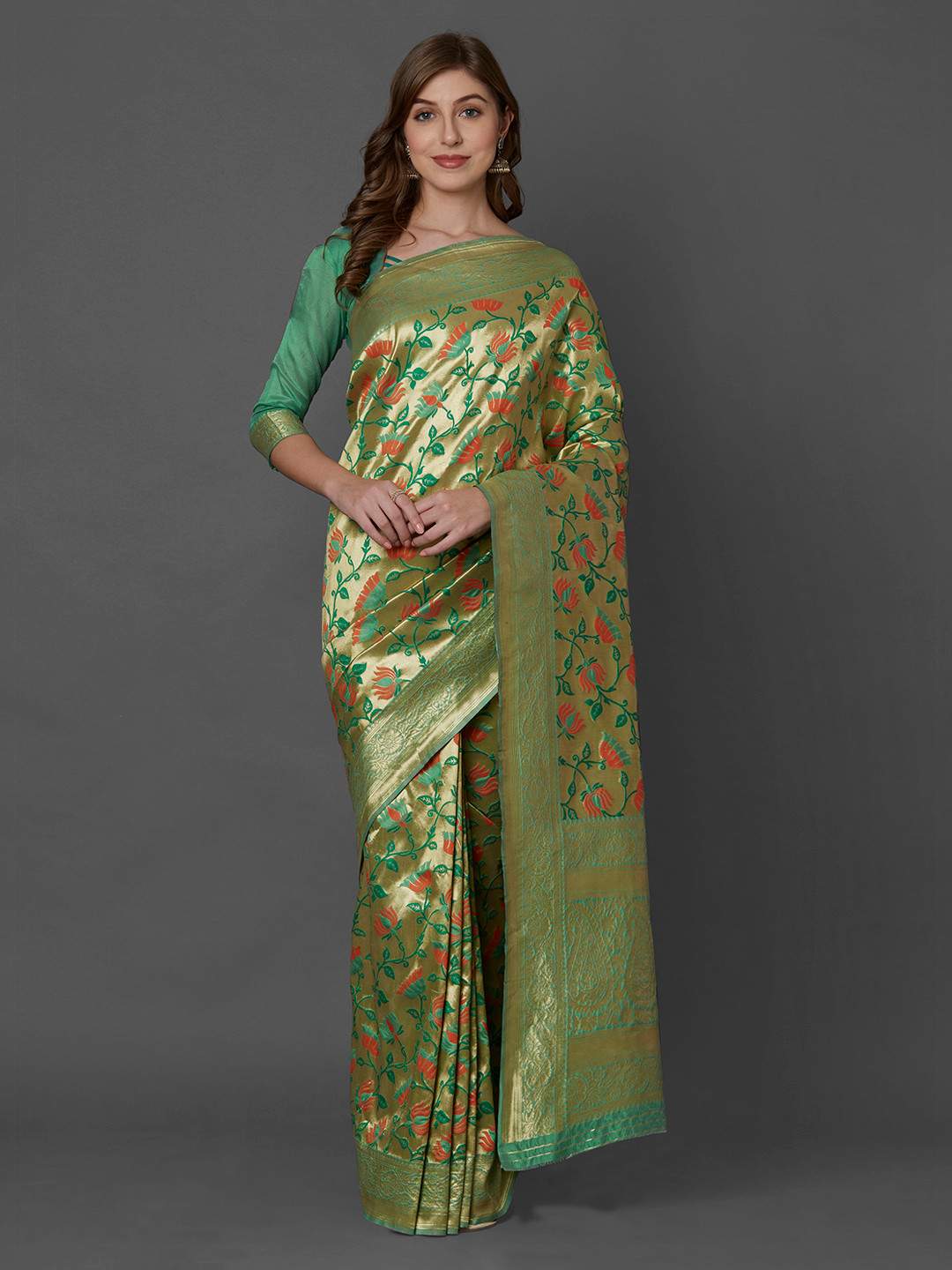Mitera Green & Gold-Toned Silk Blend Woven Design Kanjeevaram Saree