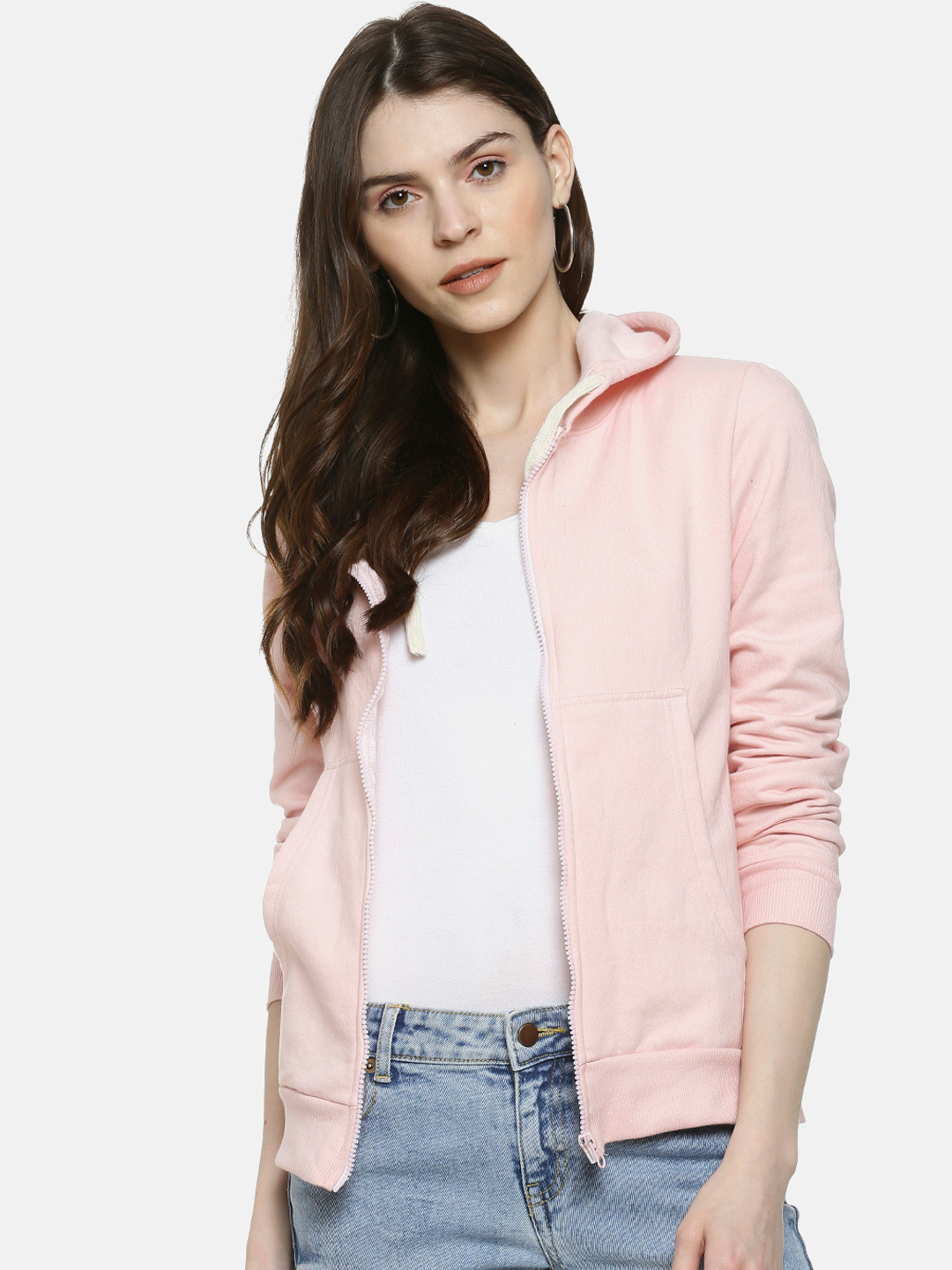 Campus Sutra Women Pink Solid Hooded Sweatshirt