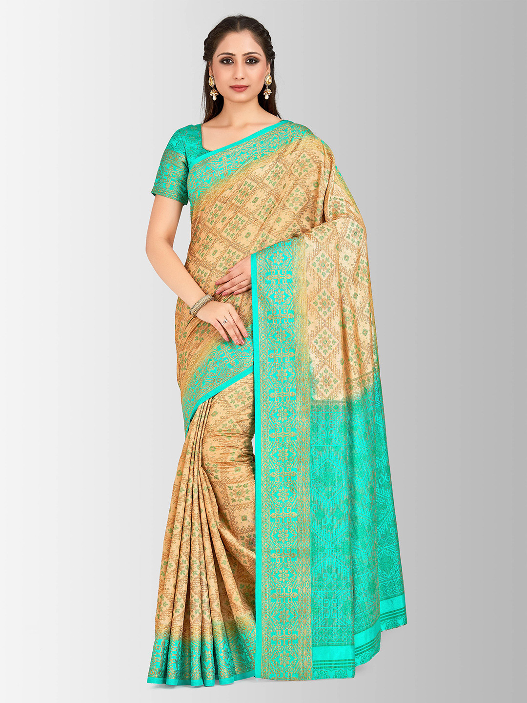 MIMOSA Beige & Green Art Silk Embellished Patola Saree