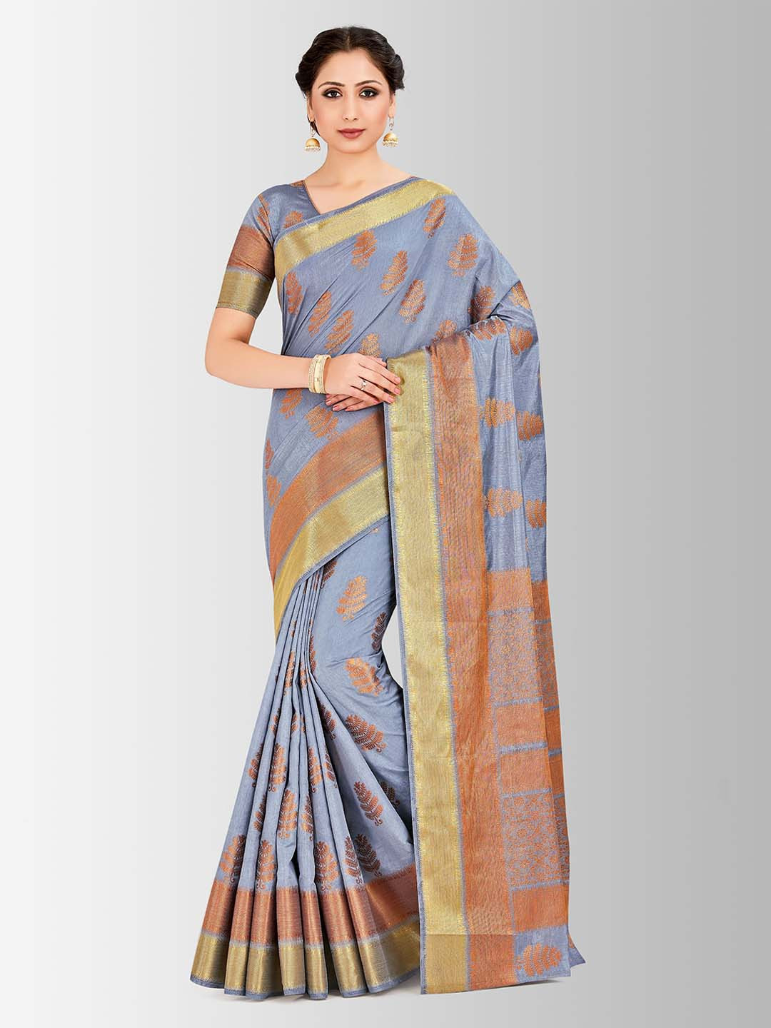 MIMOSA Grey & Copper-Coloured Art Silk Embellished Banarasi Saree