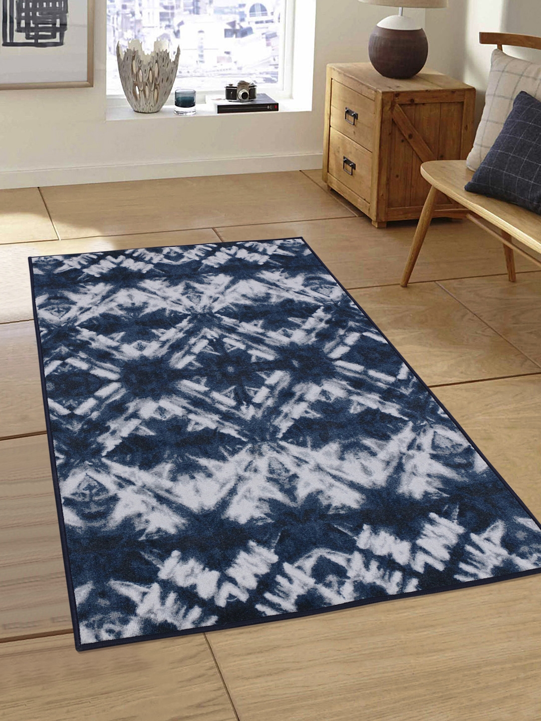 RUGSMITH Navy Blue & White Patterned Anti-Skid Rectangle Carpet