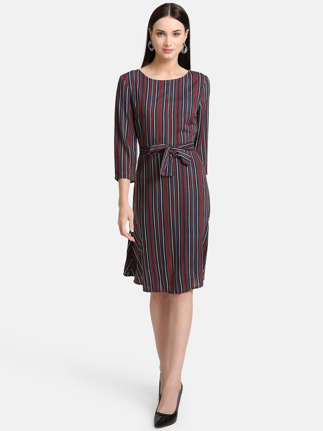 Kazo Women Maroon Striped Fit and Flare Dress