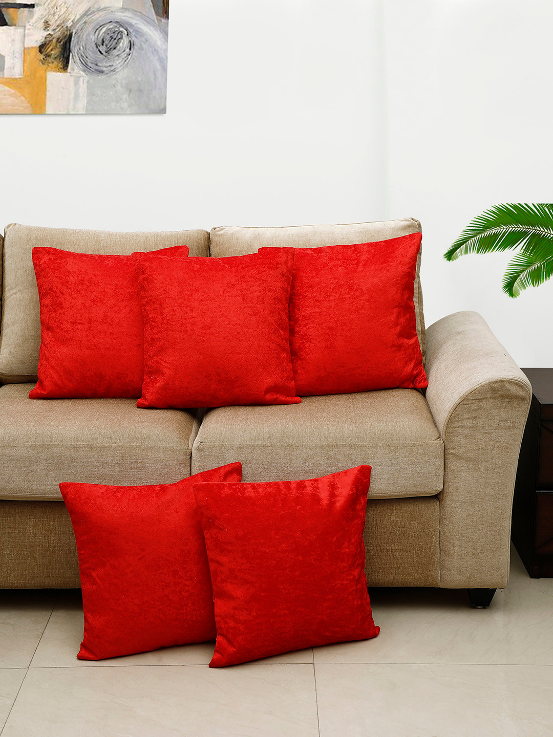 HOSTA HOMES Zipper Red Velvet Washable 5 Pcs Textured Square Cushion Covers - 16 x 16 In