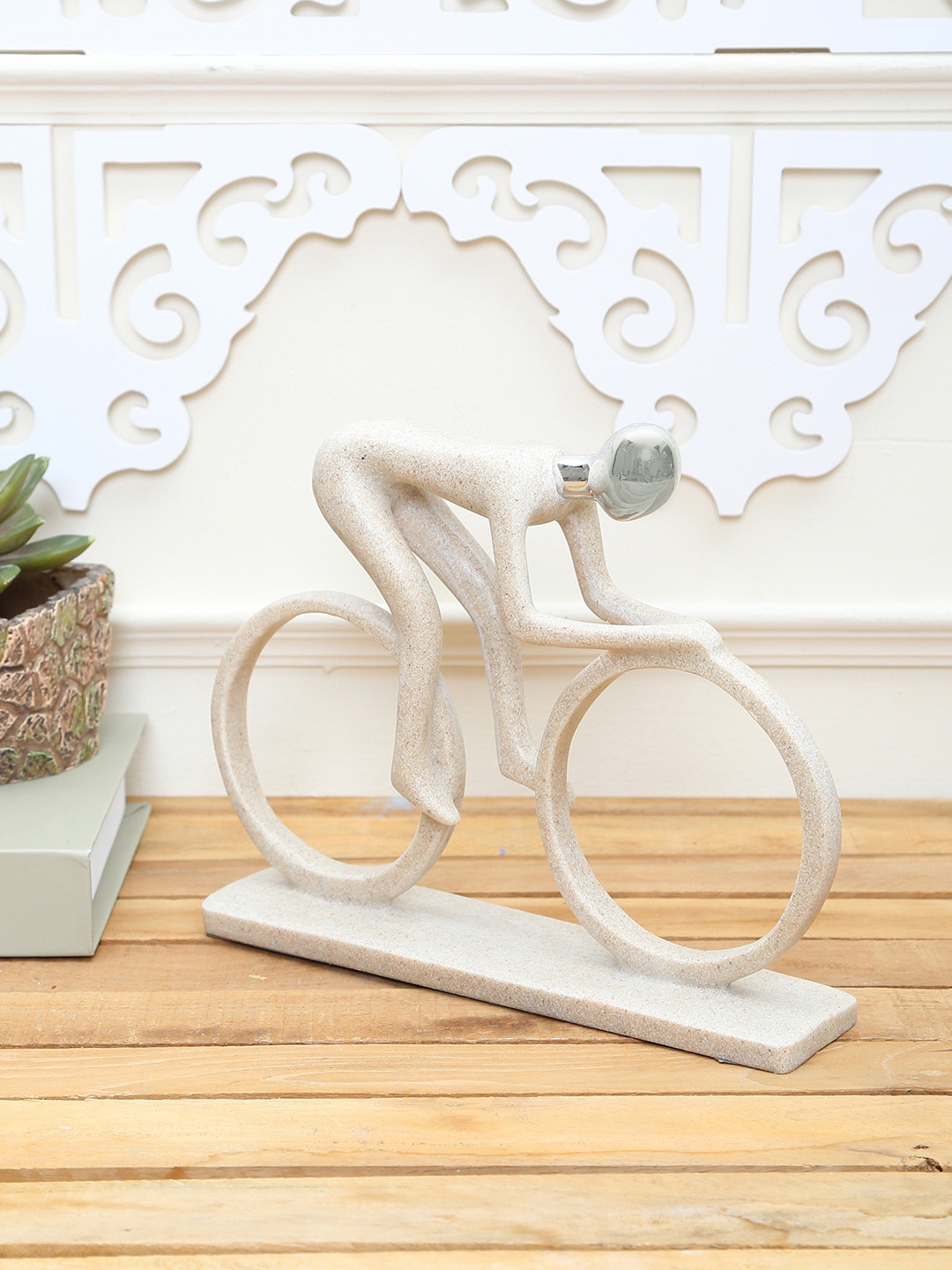 TAYHAA Enthusiastic Cycling Silver Resin Natural Living Room Medium Showpiece -