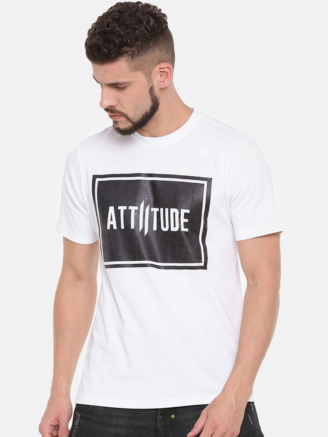 ATTIITUDE Men White & Black Printed Round Neck Slim Fit T-shirt