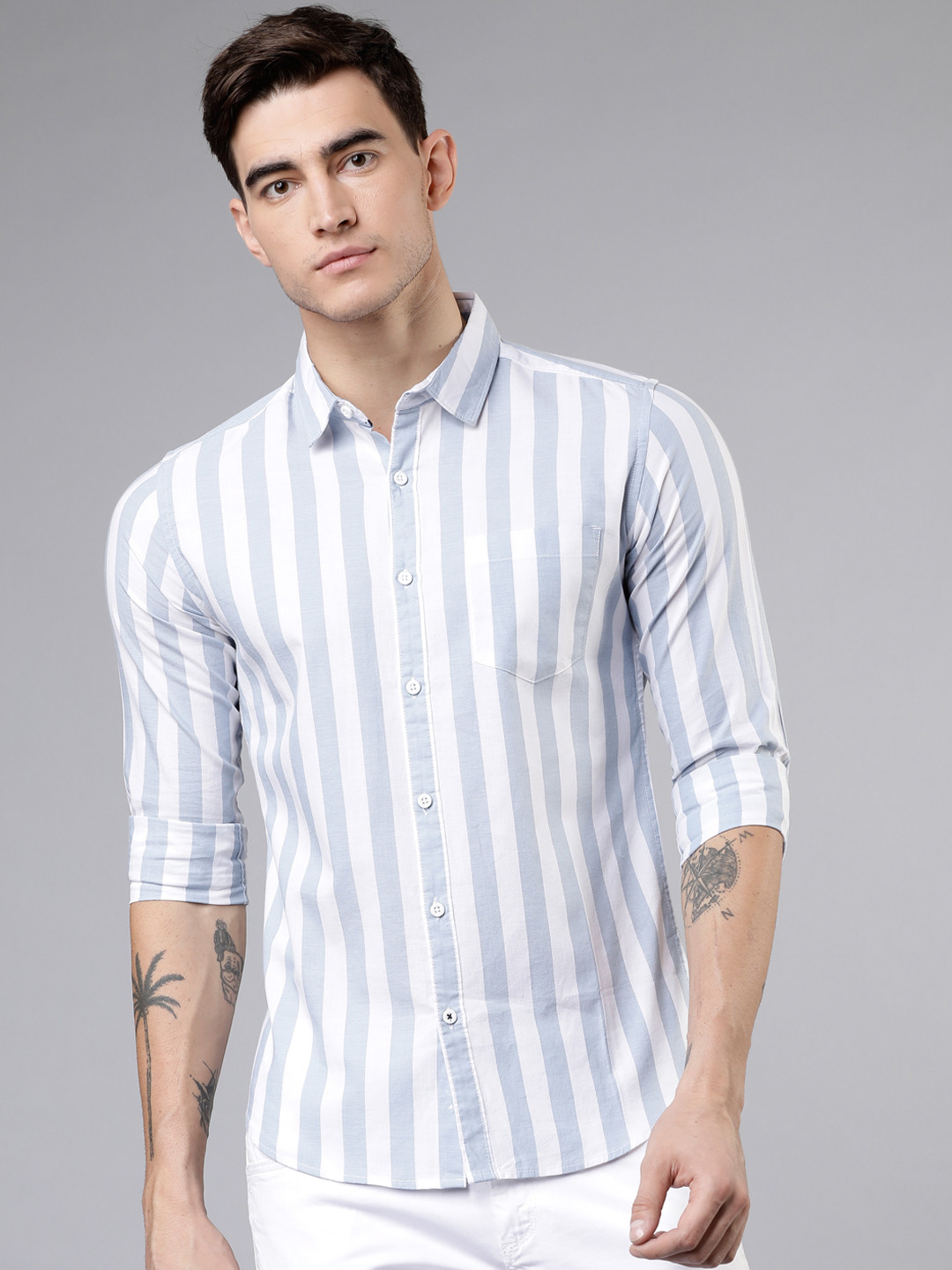 HIGHLANDER Men Blue & White Slim Fit Striped Casual Shirt