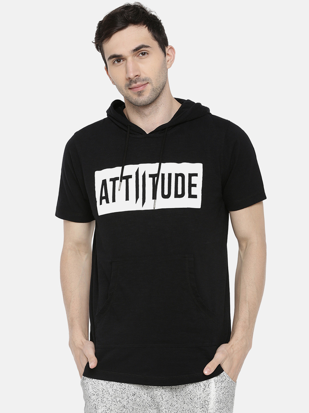 ATTIITUDE Men Black & Off-White Printed Hood Slim Fit T-shirt