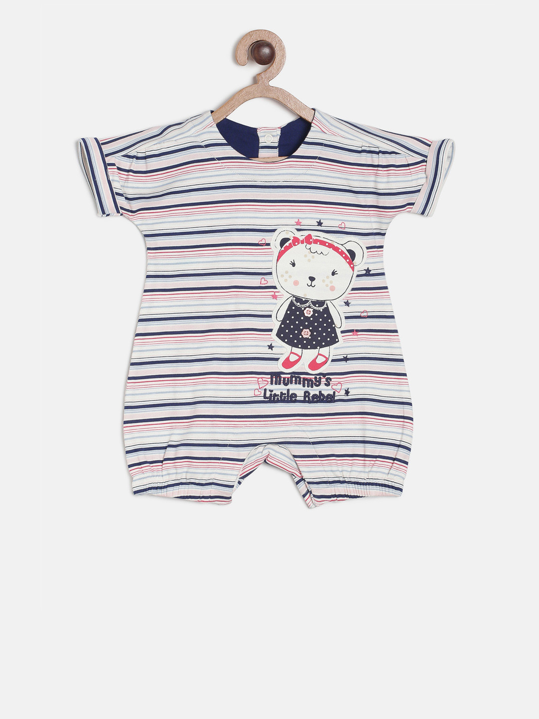 MINI KLUB Girls Off-White & Blue Striped Pure Cotton Romper