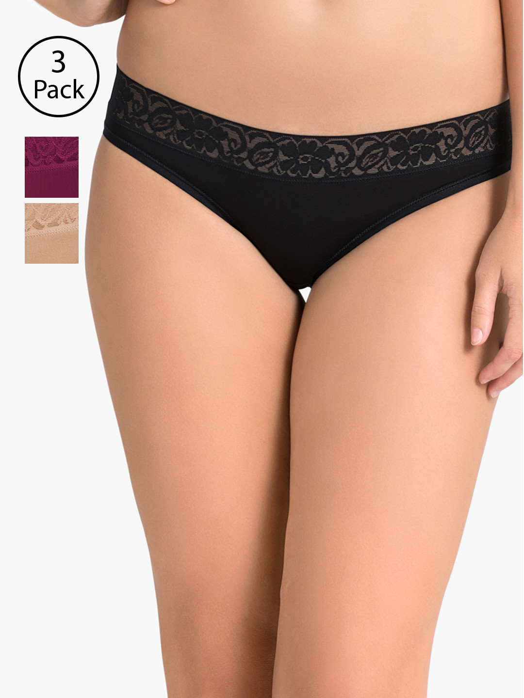Ultimo Plus Size Women Pack of 3 Solid Laced Low-Rise Bikini Briefs P0002
