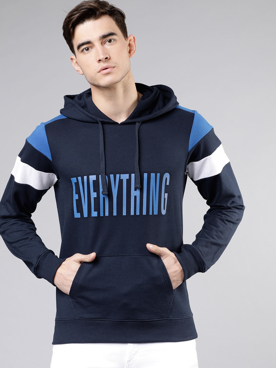 LOCOMOTIVE Men Navy Blue & Blue Solid Hooded Sweatshirt