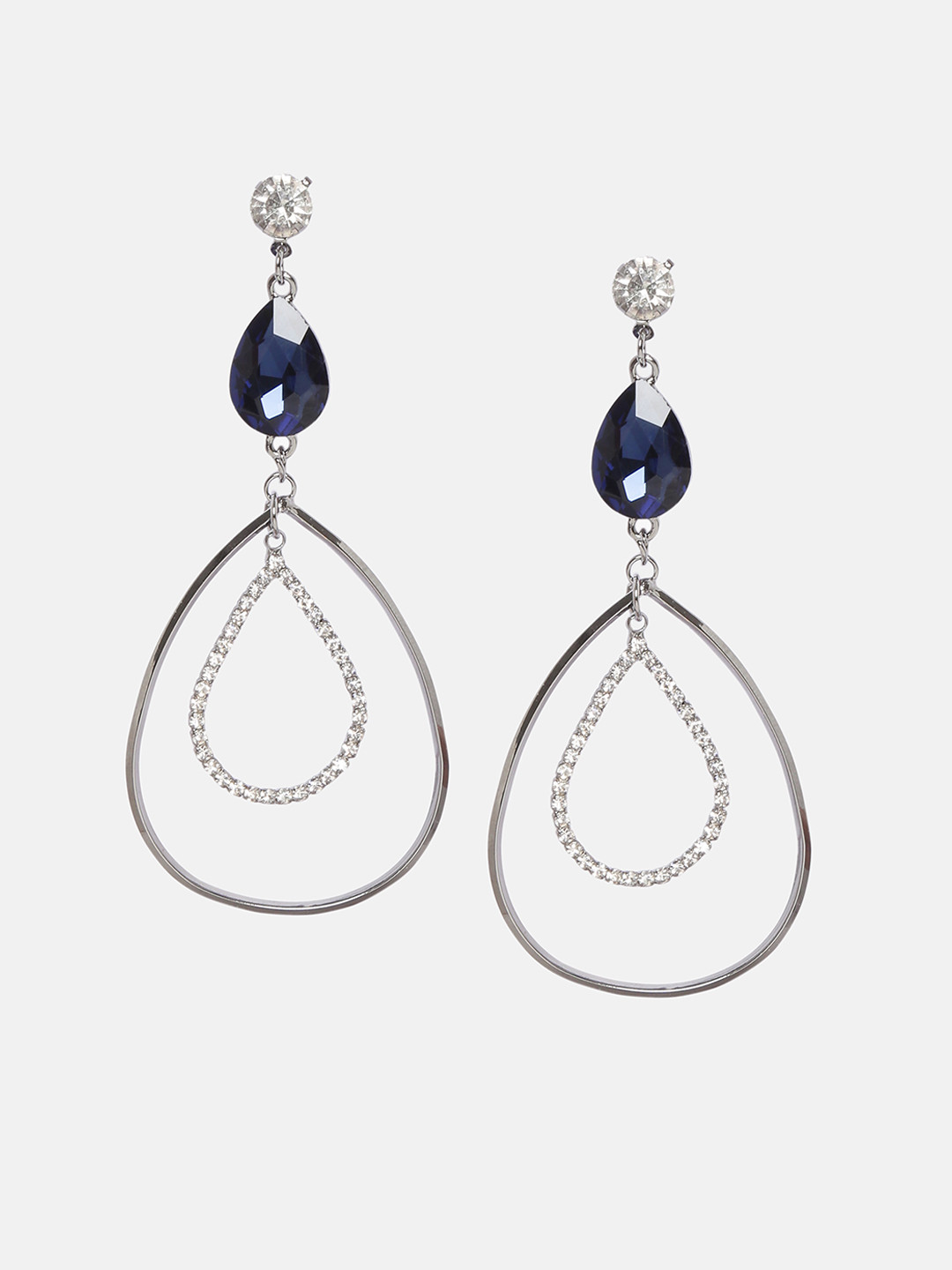 Mali Fionna Silver-Toned & Blue Teardrop Shaped Drop Earrings