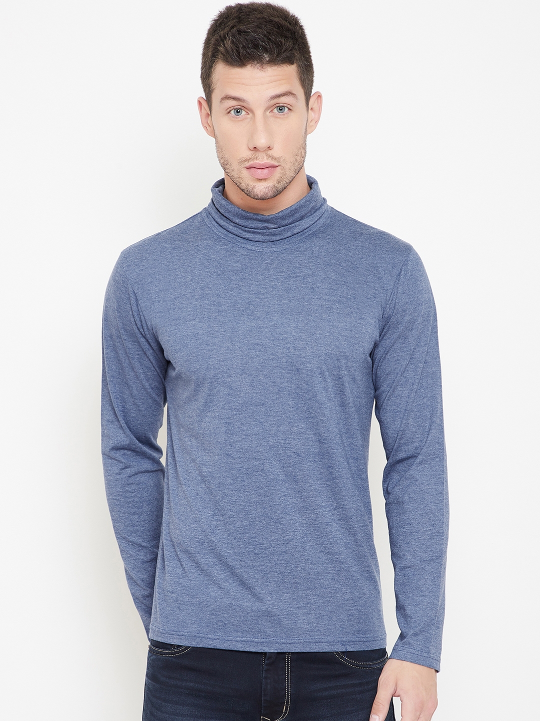 GRITSTONES Men Blue Solid Turtle Neck T shirt