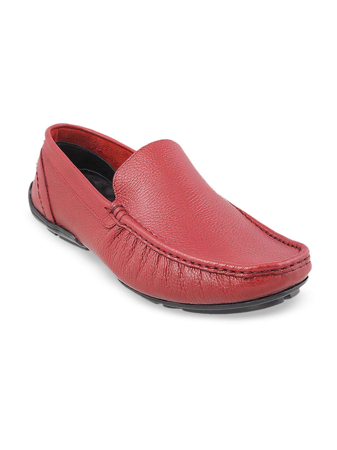 Mochi Men Red Textured Leather Casual Loafers