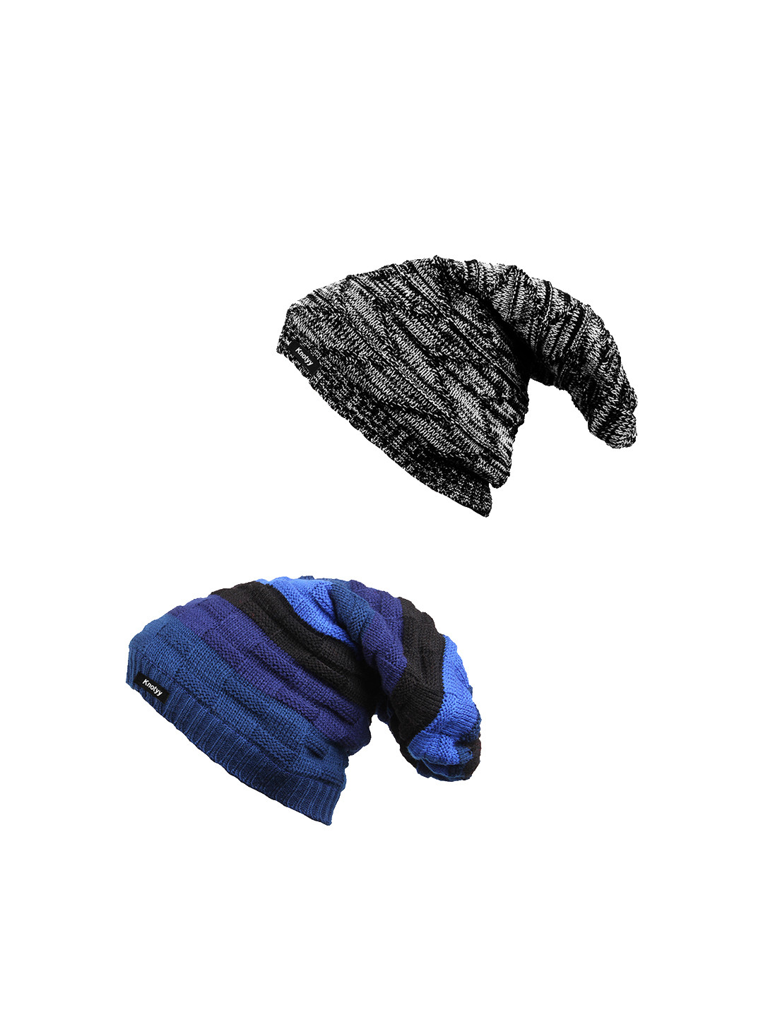 Knotyy Men Pack of 2 Grey & Blue Solid Beanies