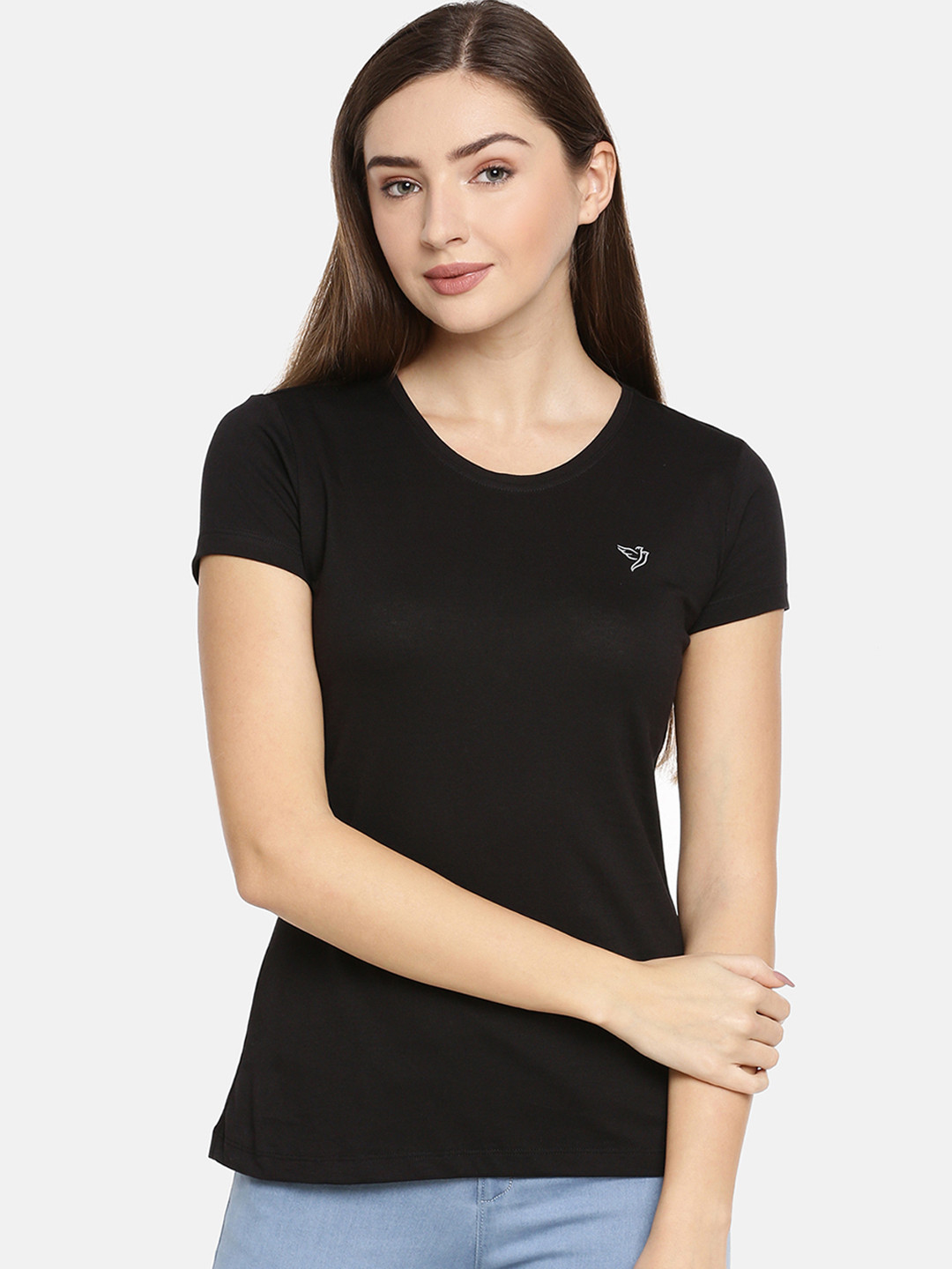 TWIN BIRDS Women Black Slim Fit Solid Round Neck Pure Cotton T-shirt