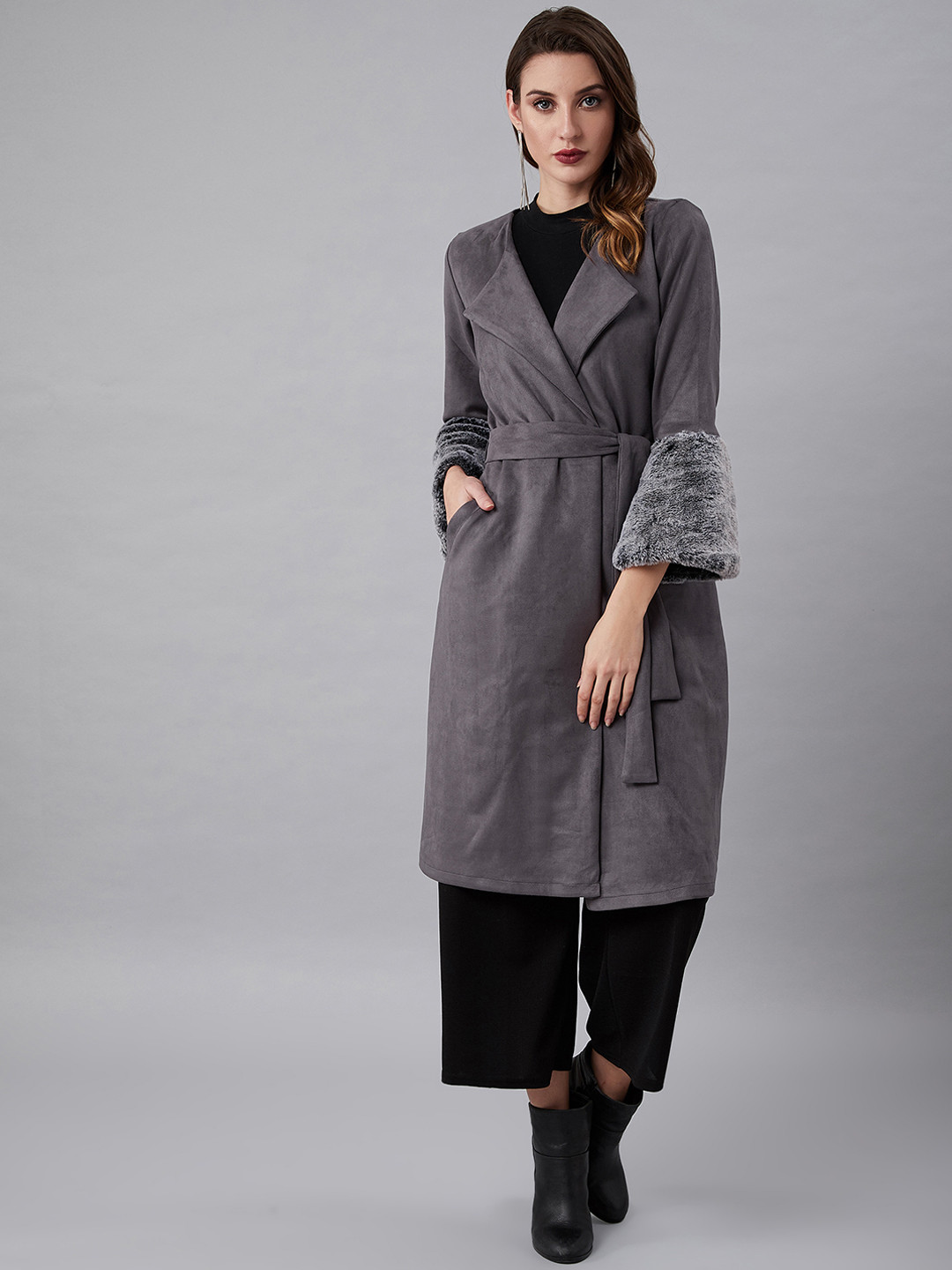 Athena Women Grey Solid Knee-Length Suede Wrap Coat