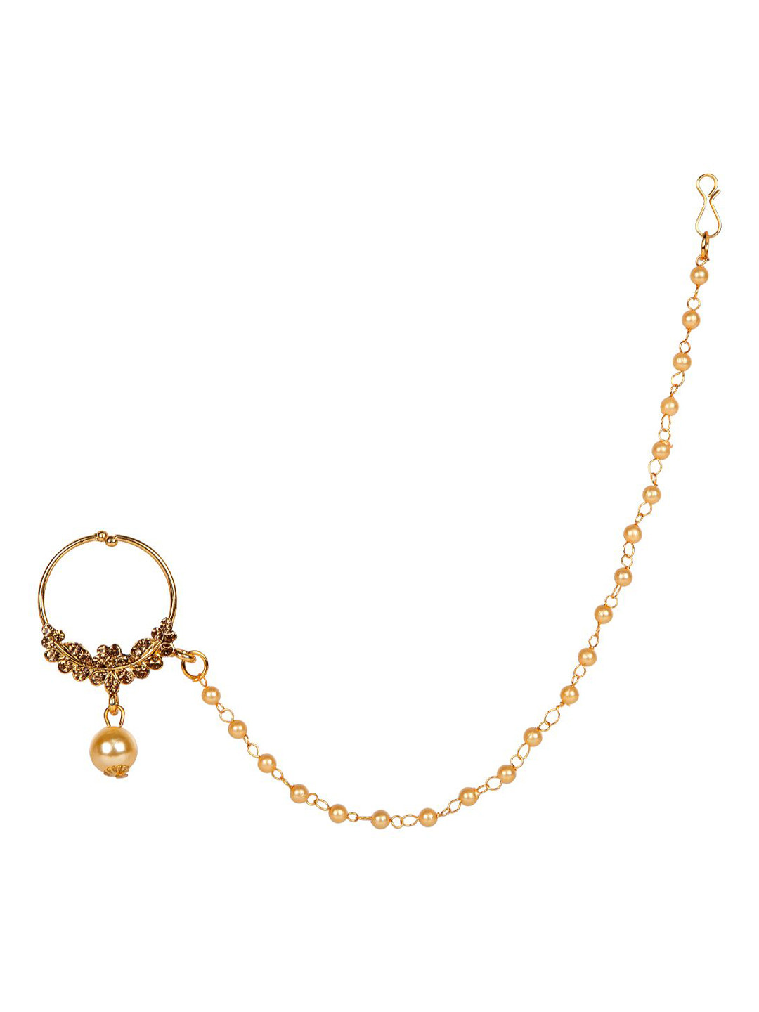 Anikas Creation Gold-Plated Embellished Bridal Clip-On Nose Ring With Beaded Chain