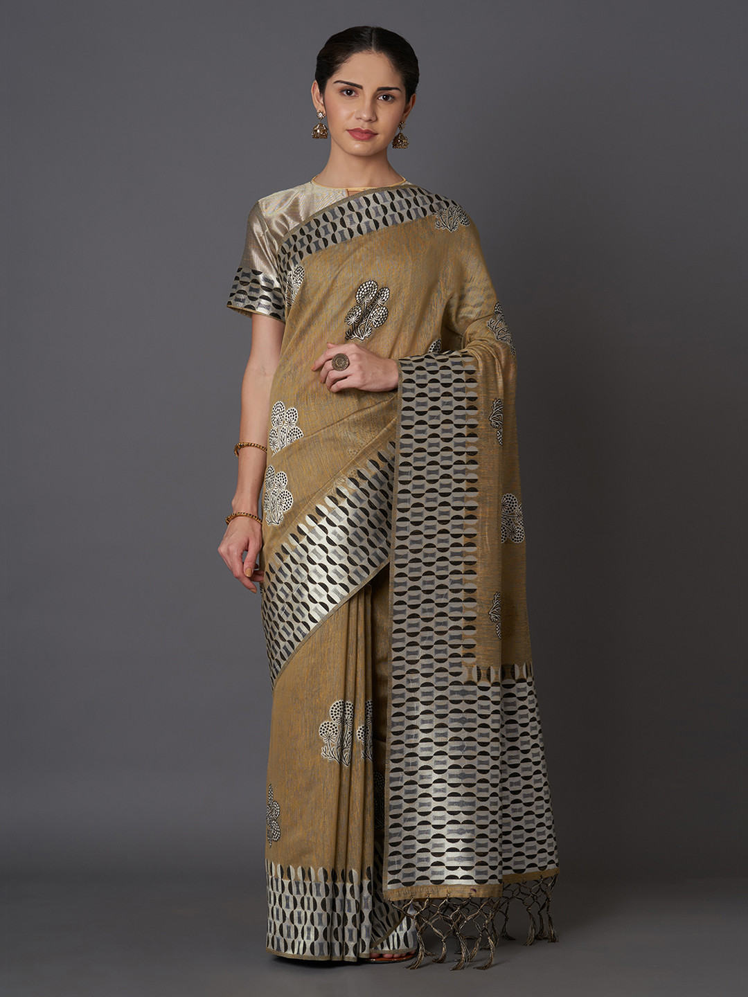 Mitera Khaki & Silver-Coloured Silk Blend Woven Design Kanjeevaram Saree