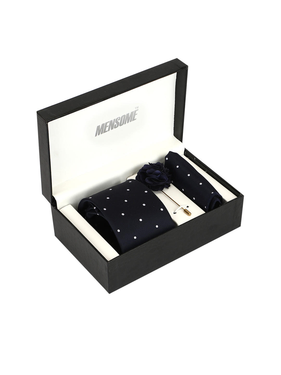 MENSOME Men Navy Blue & White Polka Dotted Accessory Gift Set