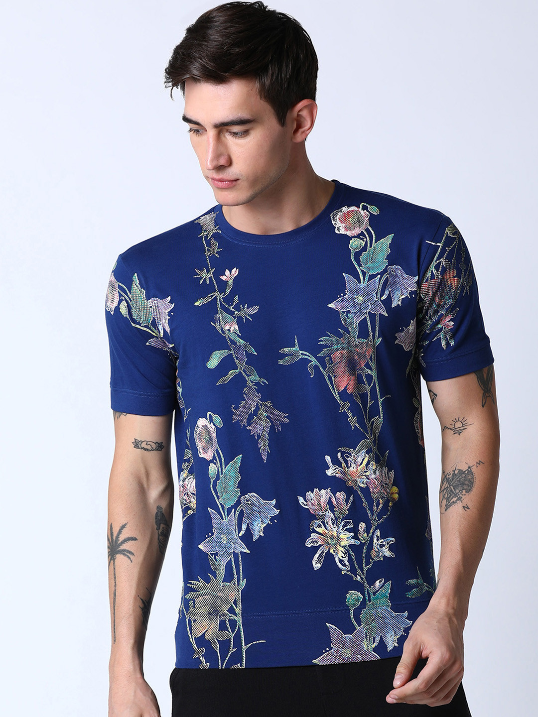 Huetrap Men Blue Printed Round Neck T-shirt