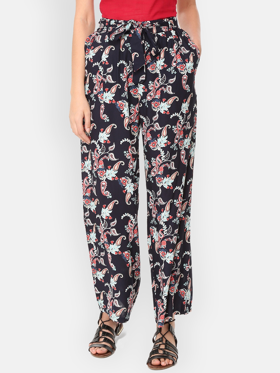 People Women Navy Blue Red Printed Regular Fit Parallel Trousers