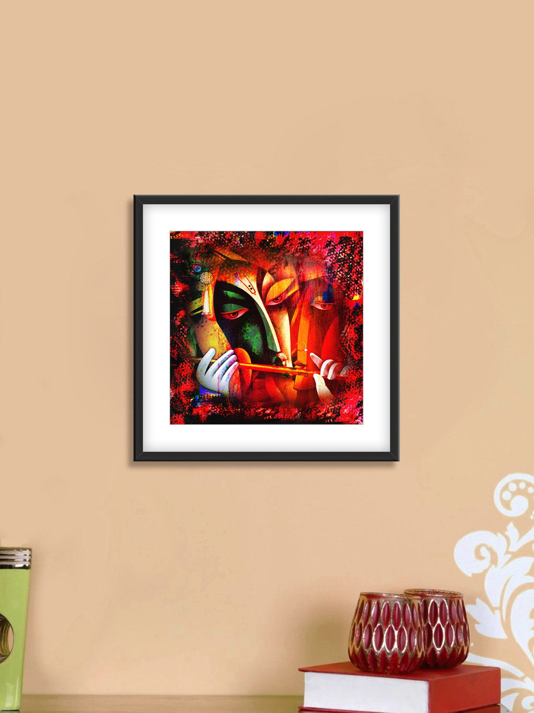 999Store Red & Green Lord Krishna Cotton Canvas Digitally Printed Wall Art