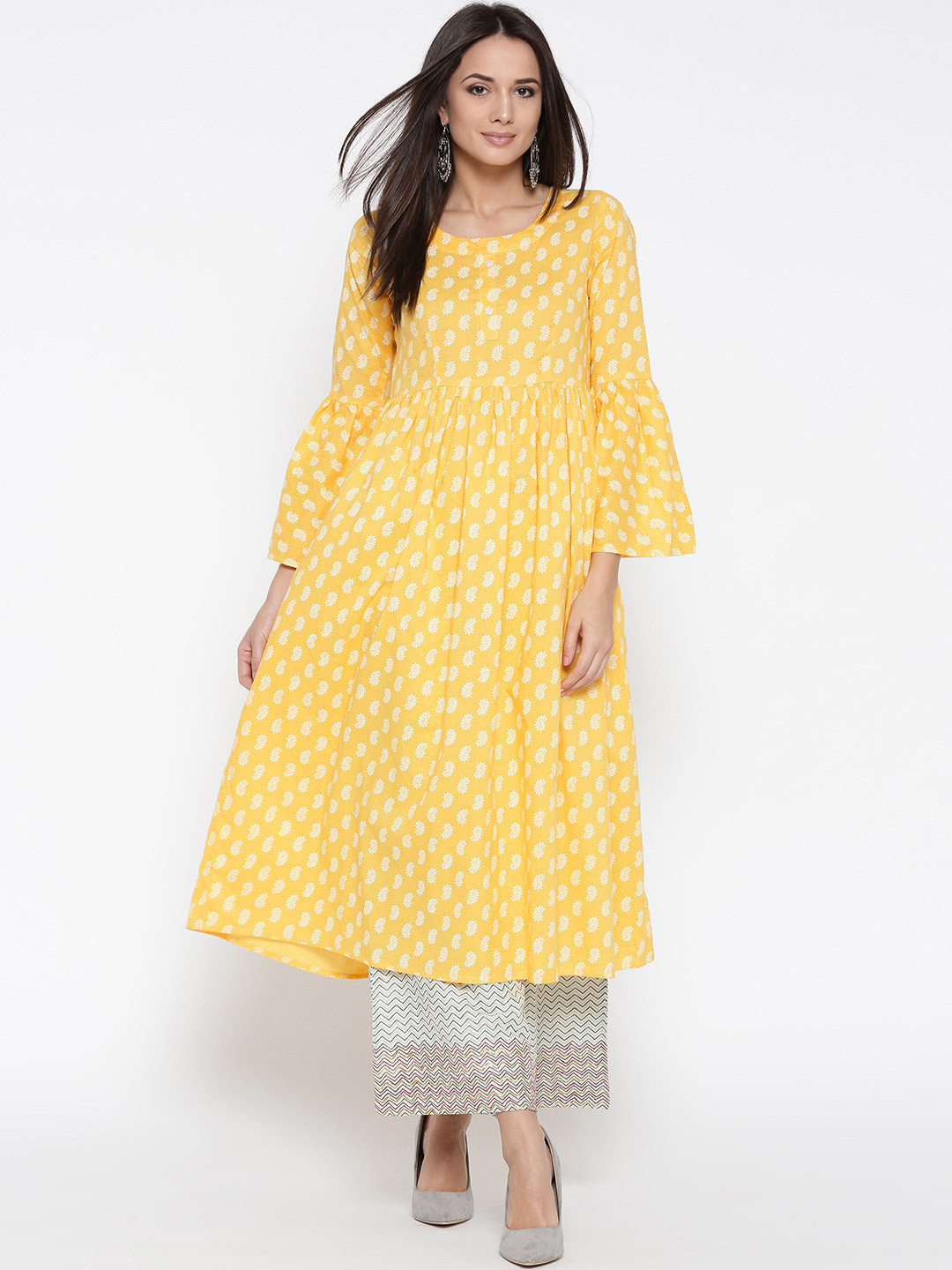 Sera Women Yellow & Off-White Printed A-Line Kurta