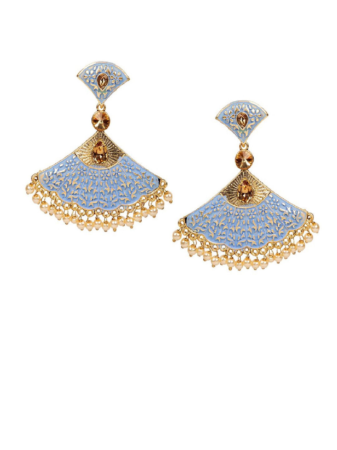 ANIKAS CREATION Blue & Gold-Plated Triangular Enamelled Kundan Studded Drop Earrings