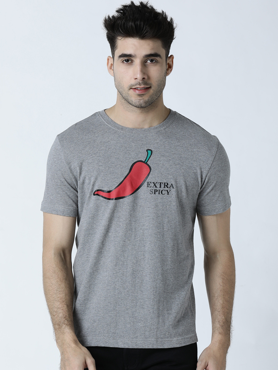 Huetrap Men Grey & Red Printed Round Neck T-shirt
