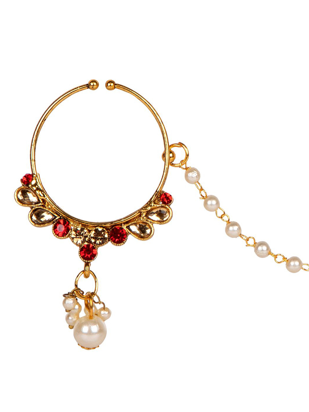 ANIKAS CREATION Gold-Plated & Off-White Beaded & Stone-Studded Chained Nose Ring