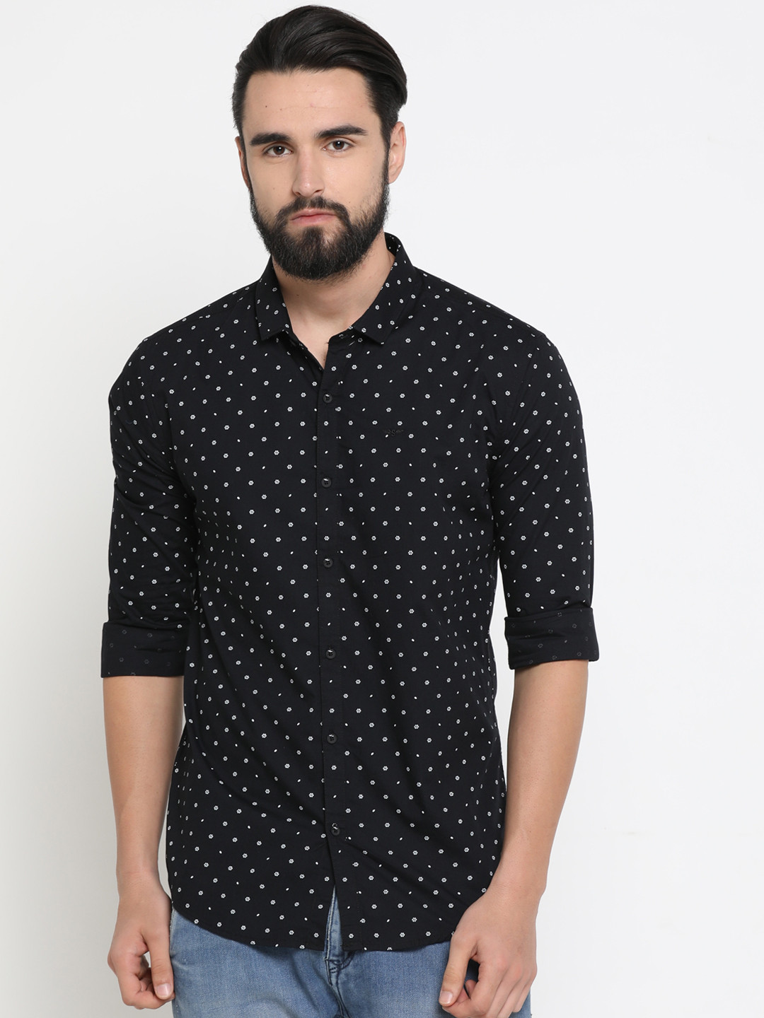 SHOWOFF Men Black Slim Fit Printed Casual Shirt