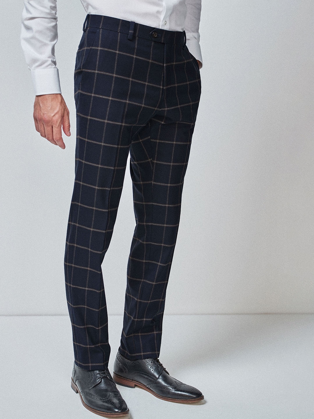 next Men Navy Blue Skinny Fit Checked Formal Trousers