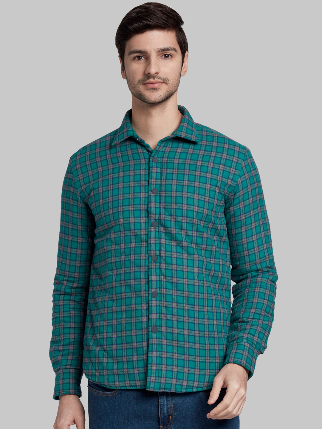 Parx Men Green & Grey Slim Fit Checked Casual Shirt